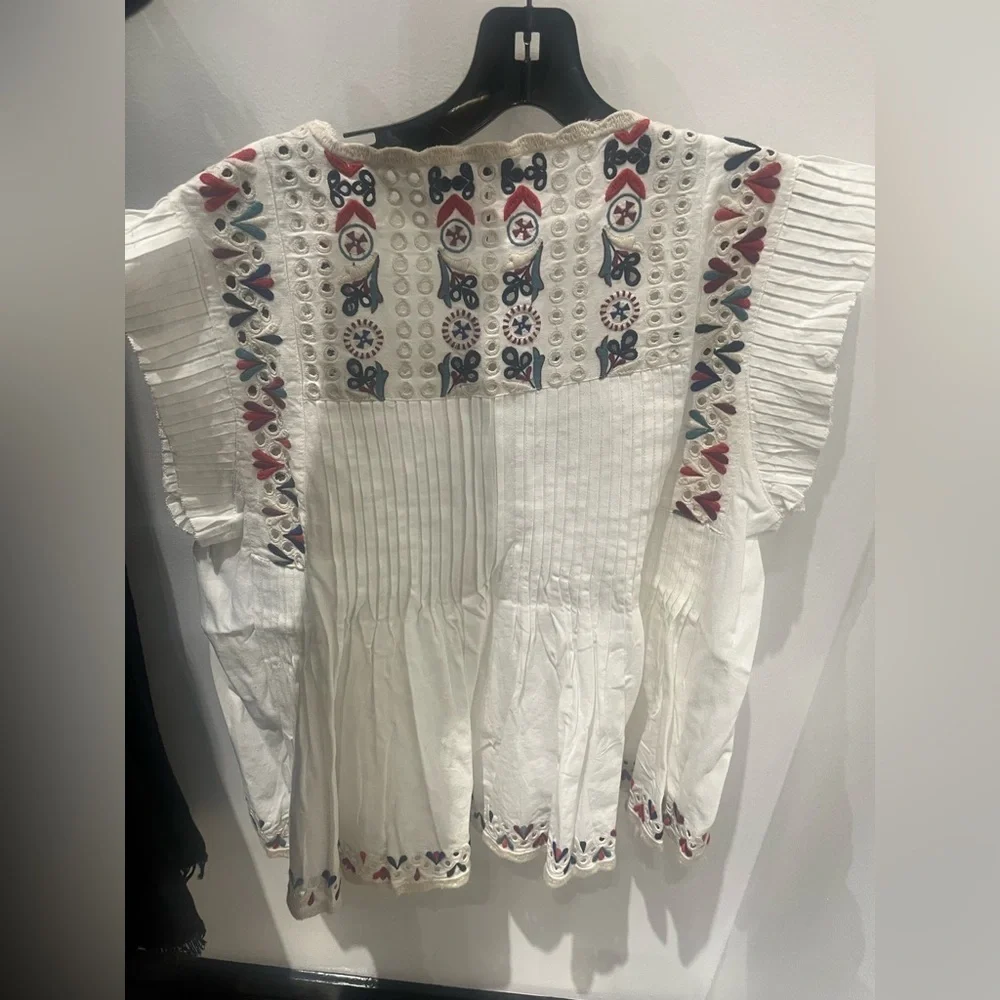 NWT Sea New York Alicia Embroidered Flutter Sleeve Cotton Linen Top Cream L - Picture 6 of 8